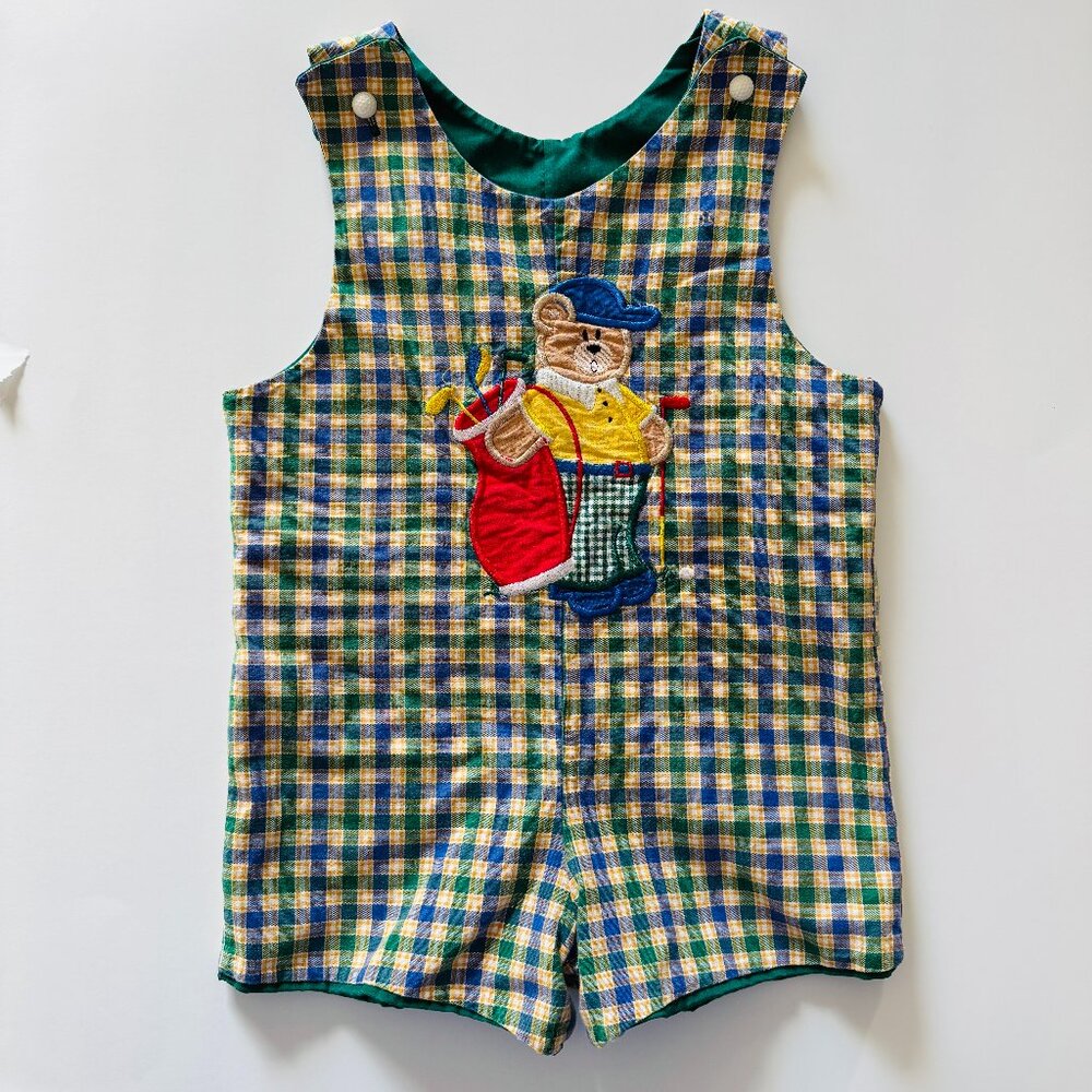 Austin and Ashley Golf Overalls Toddler 2T Green Blue Yellow Plaid Cotton Snap C